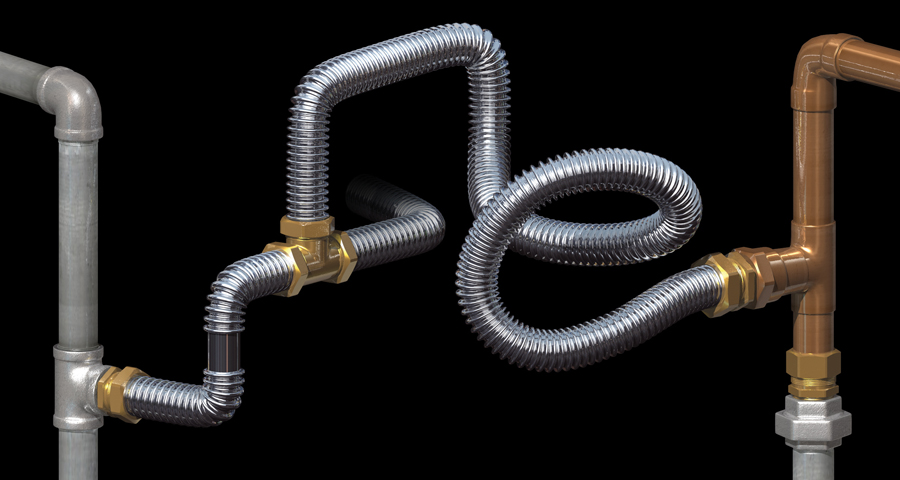 Water line system with flexible corrugated stainless steel piping.