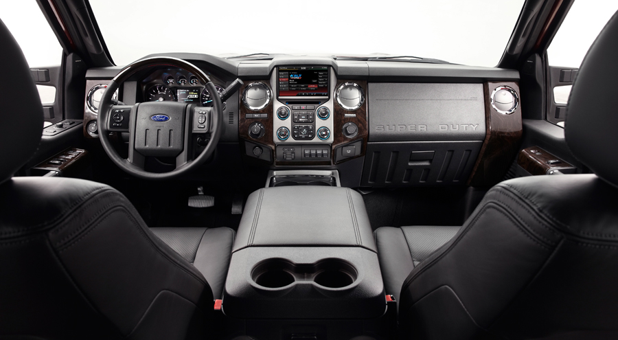 The 2013 F-Series Super Duty with MyFord Touch. An eight-inch,high-resolution touch screen display gives drivers easy access to phone, climate control, entertainment and navigation features along with a dramatically expanded voice control vocabulary.