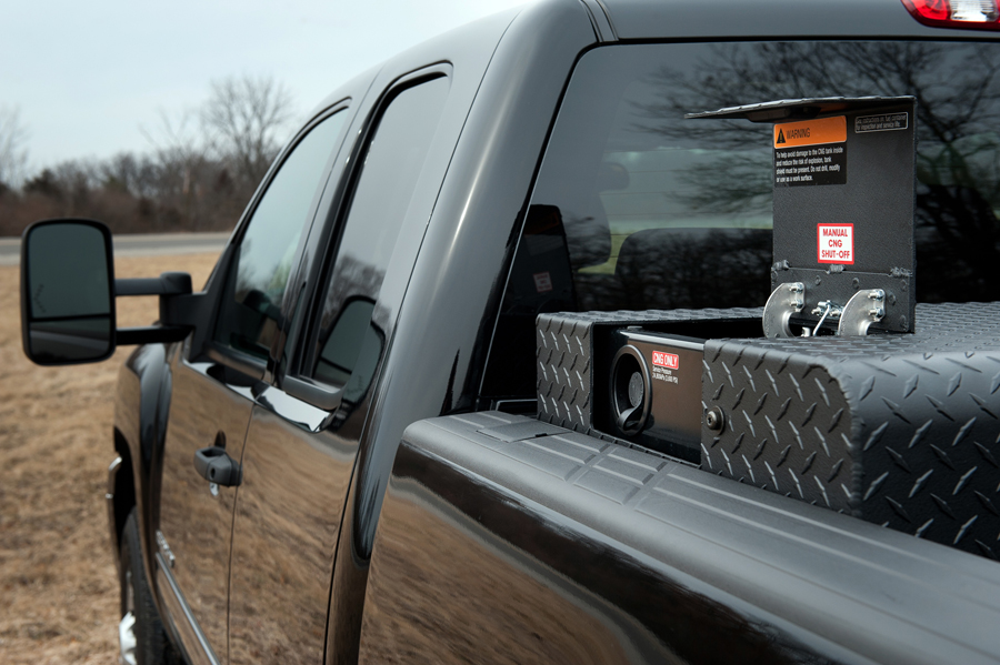 The 2013 bi-fuel Chevrolet Silverado HD includes a compressed natural gas (CNG) capable engine that transitions between CNG and gas fuel systems. Combined, the truck offers a range of more than 650 miles.