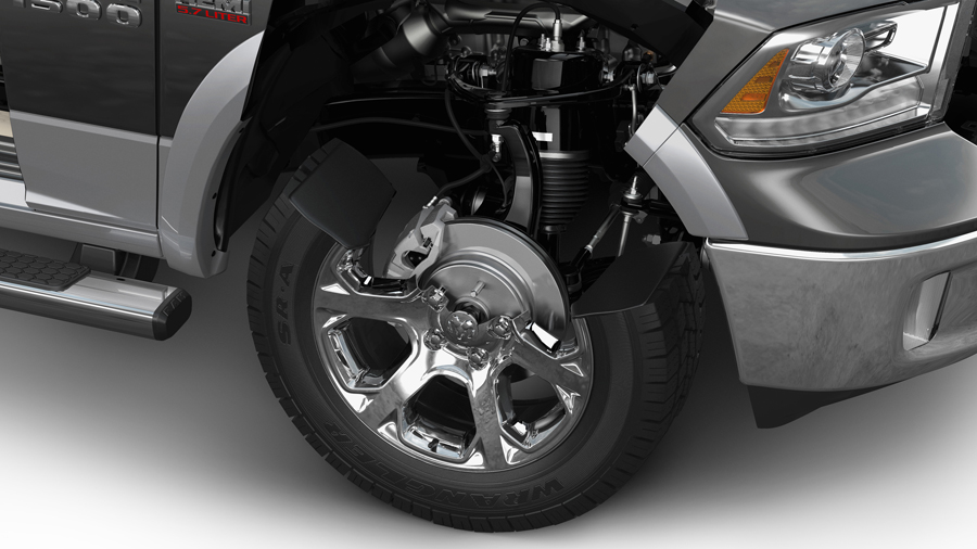The 2013 Ram 1500 features standard low-rolling-resistance tires to minimize wasted energy and decrease required rolling effort, resulting in greater fuel efficiency.