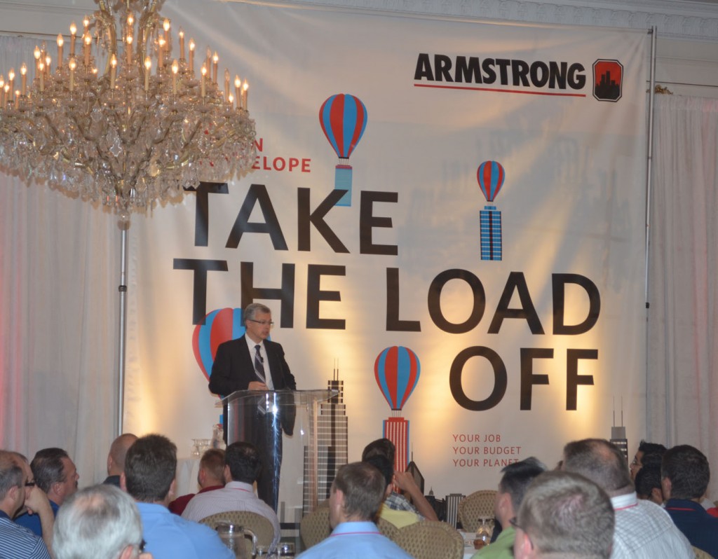 Peter Thomsen speaks to a packed house of approximately 200 people about design envelope integrated chiller plants at Armstrong's International Engineering Visit at The Sutton Place Hotel in Toronto, ON.