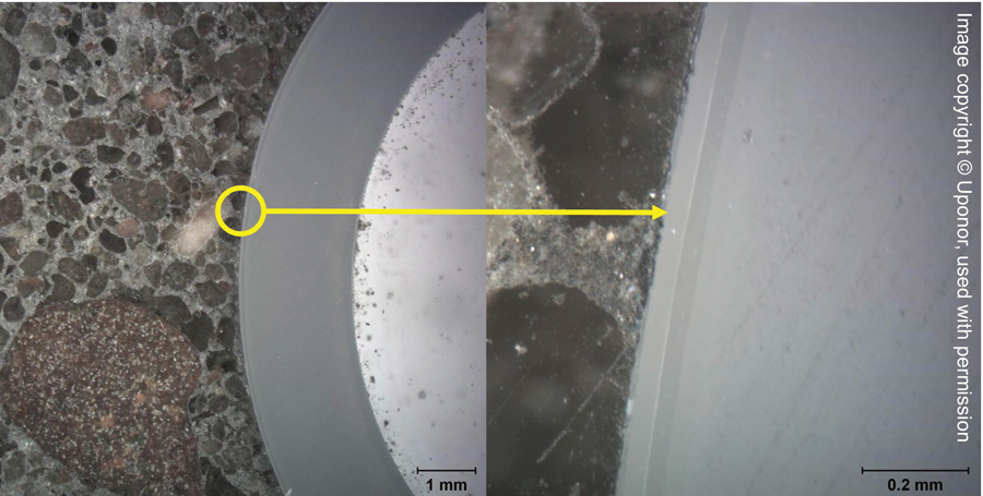Figure 6 Microscopic image of PEX-a pipe embedded in concrete. Make note of the protective air barrier layers in the right-hand side image. Stress due to encased pipe being heated and cooled is absorbed internally at the molecular level.
