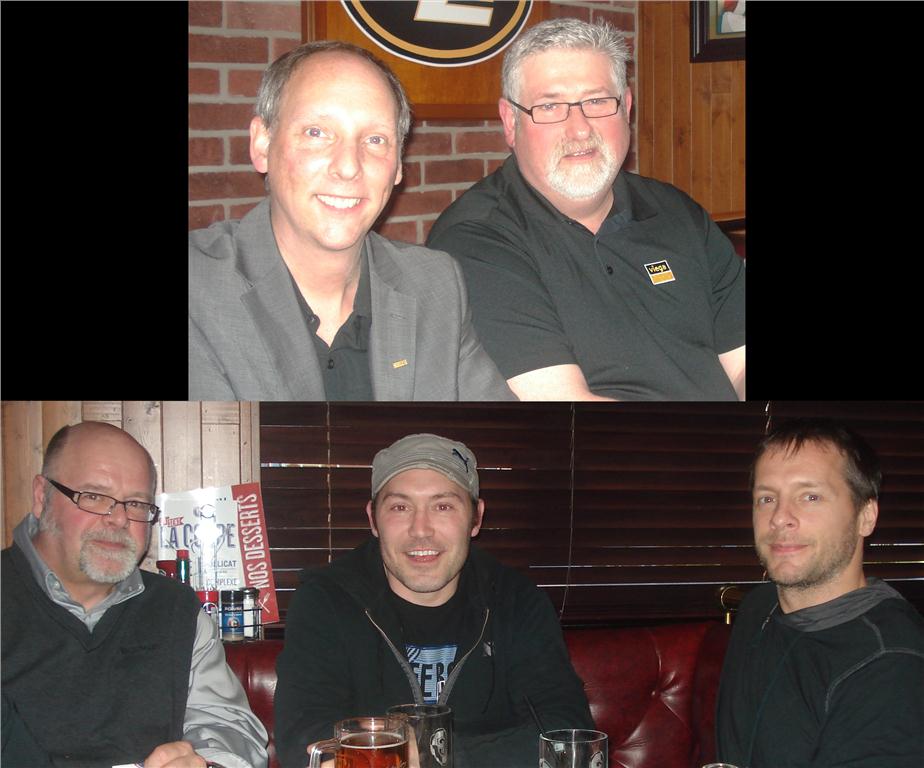 Viega, together with Wolseley, hosted a contractor dinner on April 17. Top, Pierre Moreau (l), directeur regional des ventes, Secteur Rive-Sud de Montreal, Wolseley Canada and Mark Evans, Viega director of sales-Canada. Bottom from left, Philippe Chartier, directeur de territoire, Rive-Sud de Montreal, Wolseley Canada, and David Lachapelle and Benoit Lemelin of Plomberie Rejean Lemelin.