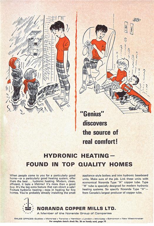 This ad ran in 1966 in HPAC and shows the ongoing focus on attracting builders to hydronic heating.
