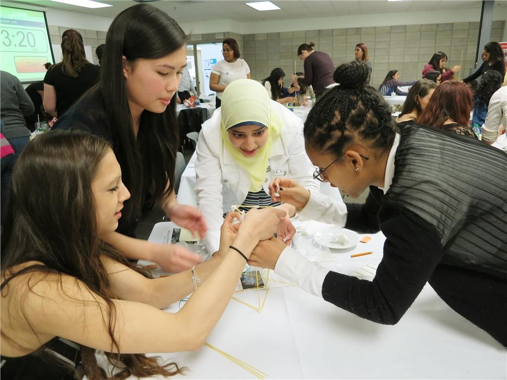 Students at the Skills Canada - ON Young Women's Networking Dinner on April 3 had some fun with the marshmallow challenge, where the goal was to build the tallest free-standing structure using spaghetti noodles and marshmallows.