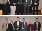 Top photo: from left, Mark Olson, general manager, North America, Dale Cikaluk, sales manager, Jason MacKenzie of Equipco Ltd., Marco Caleffi, chairman of the board and Fabio Rossi, area manager. Bottom photo: Al Zanidean (third from left) and Kim Butts (second from right) of Mechanical Systems, 2000 with Caleffi executives.