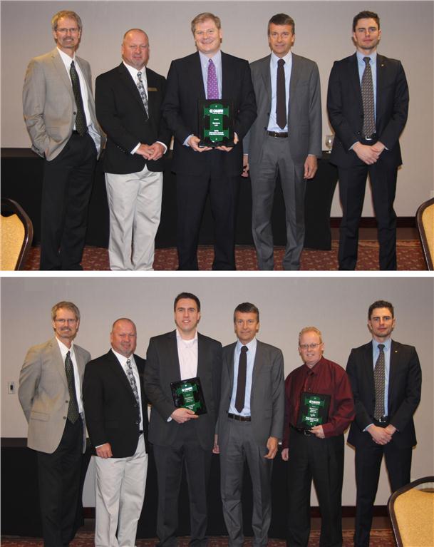 Top photo: from left, Mark Olson, general manager, North America, Dale Cikaluk, sales manager, Jason MacKenzie of Equipco Ltd., Marco Caleffi, chairman of the board and Fabio Rossi, area manager. Bottom photo: Al Zanidean (third from left) and Kim Butts (second from right) of Mechanical Systems, 2000 with Caleffi executives.