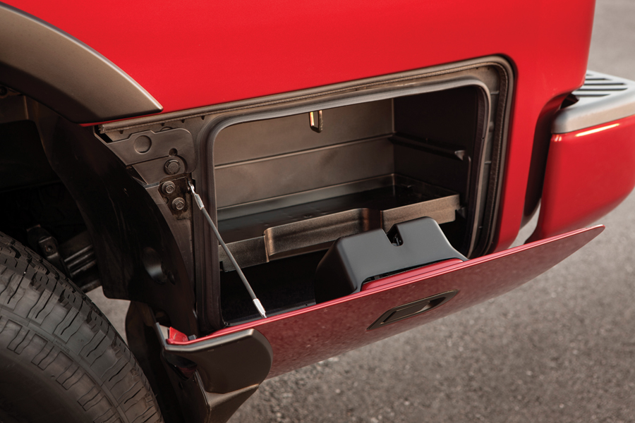 Nissan's 2014 Titan has an integrated, lockable double-sealed bedside storage compartment.