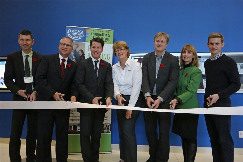 Official opening of George Brown College's Green Building Centre in Toronto, ON, on November 10, 2014. (L to R): Robert Luke, vice president, applied research and innovation, George Brown College; Gary Goodyear, Minister of State for FedDev ON; Bernard Trottier, MP Etobicoke-Lakeshore; Trudy Puls, Roxul; Jamie McIntyre, program coordinator, George Brown College; Laura Jo Gunter, vice president, academic, George Brown College; and Brad Shapiro, George Brown student.