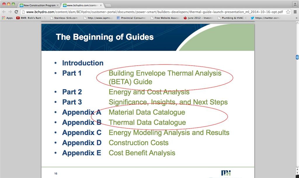Most practitioners will find PART 1 and Appendices A and B to be most useful. PART 1 outlines how to effectively account for thermal bridging. Appendices A and B provide a catalogue of common building envelope assemblies and interface details and their associated thermal performance data.