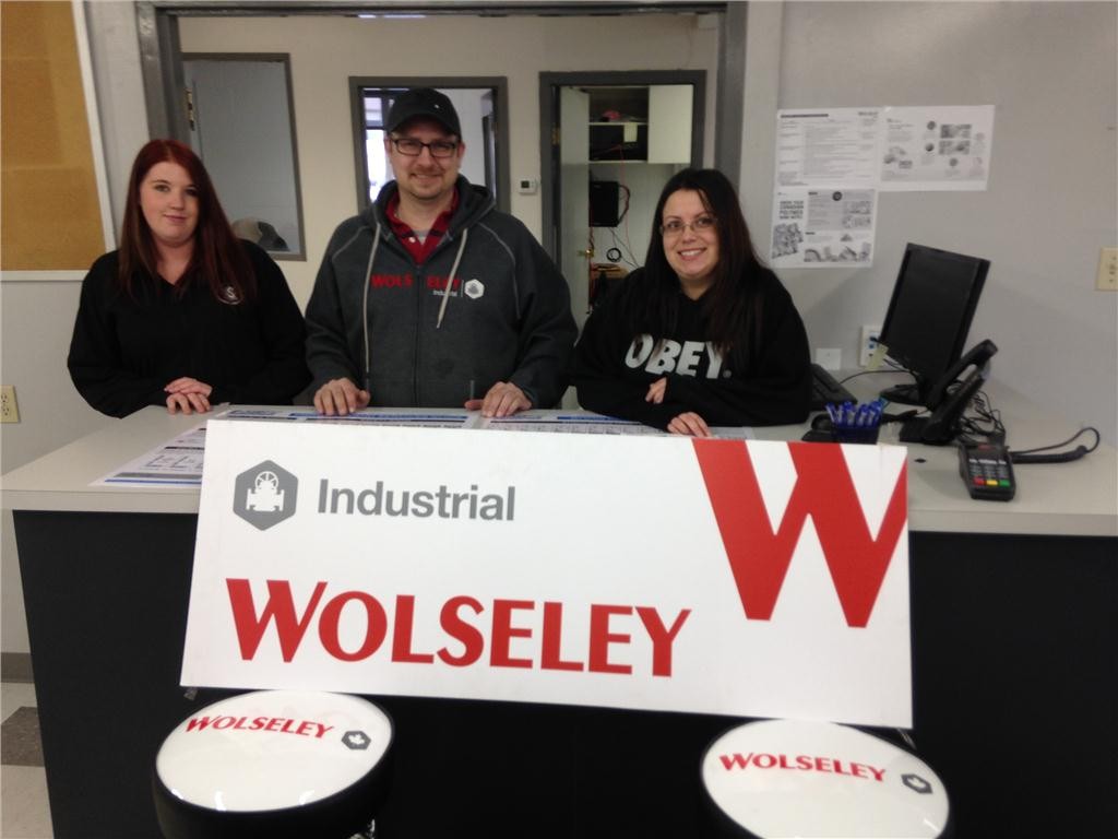 The team at Wolseley Canada's Industrial Express Branch and Field Service Centre in Hinton (l to r): Samantha Wheaton, warehouse shipper and receiver, Phil Blackstock, branch manager, and Sarah Siroski, inside sales representative. Not shown is James Krause, valve technician.