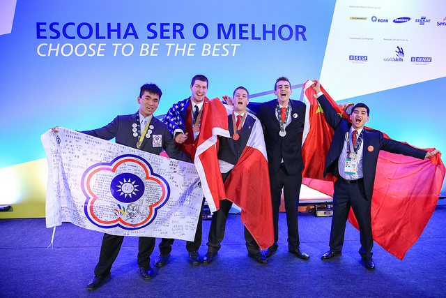 Competitor Marc-Antoine Bettez (centre) received Bronze in Refrigeration and Air Conditioning at the WorldSkills 2015 Sao Paulo Closing Ceremonies on August 16th.
