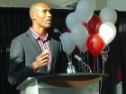 Damian Warner, Canadian decathlete and Pan Am games gold medalist, speaks at Enercare's grand rebrand event.