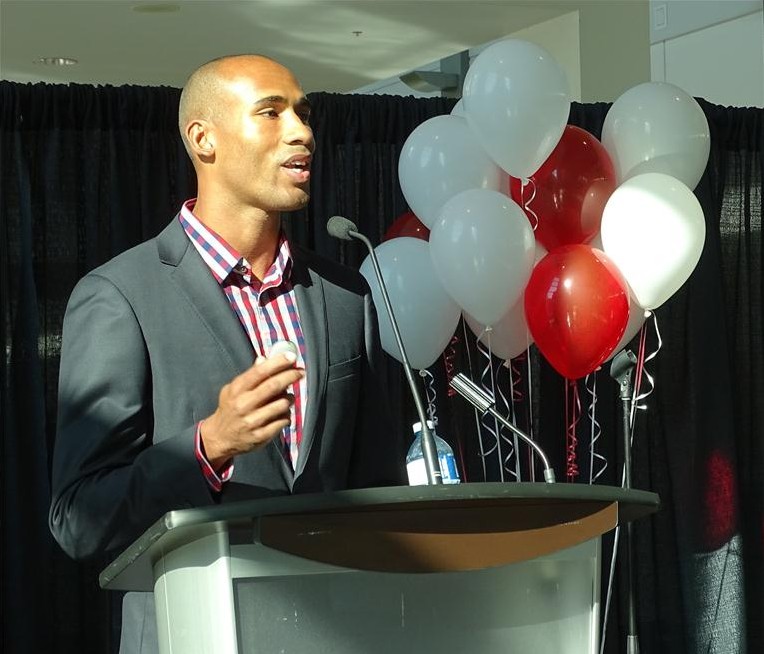 Damian Warner, Canadian decathlete and Pan Am games gold medalist, speaks at Enercare's grand rebrand event.